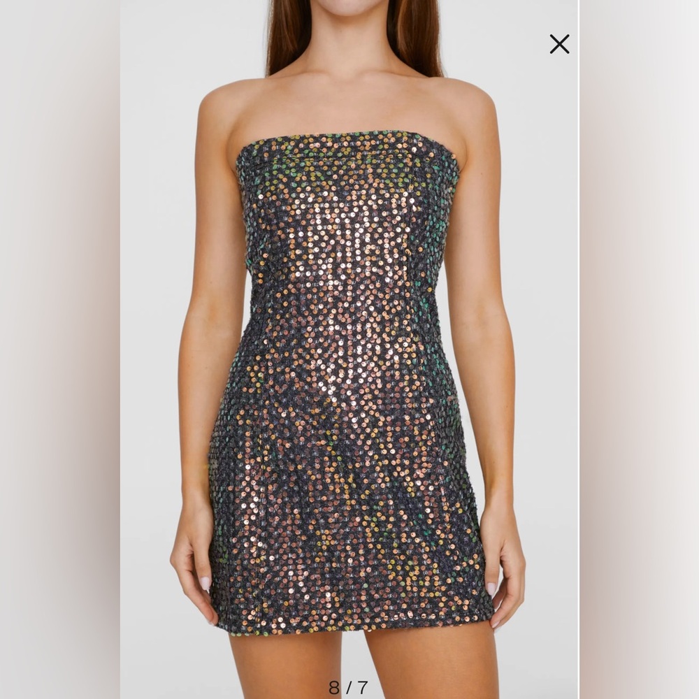 NWT Nasty Gal Sequin Embellished Denim Bandeau Mini Dress Dopamine Party Glam